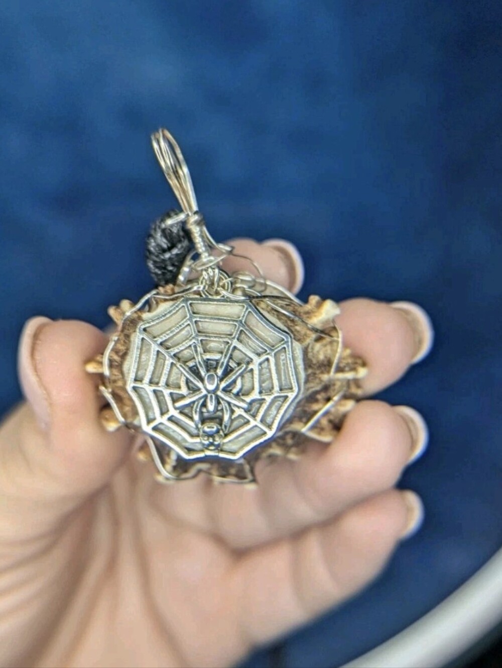 Handmade Silver Tone Spiderweb And Wood Necklace Adjustable Cord - Picture 4 of 10